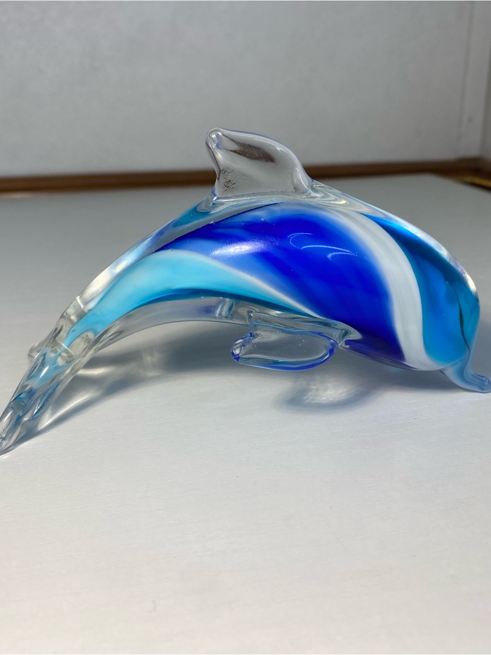 Murano Style Art Glass Dolphin Figurine Paperweight Blue White 5”